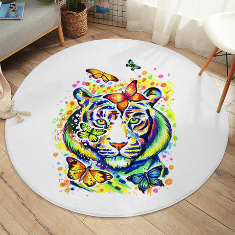 Image of Colorful Watercolor Tiger Sketch & butterfly SW4222 Round Rug