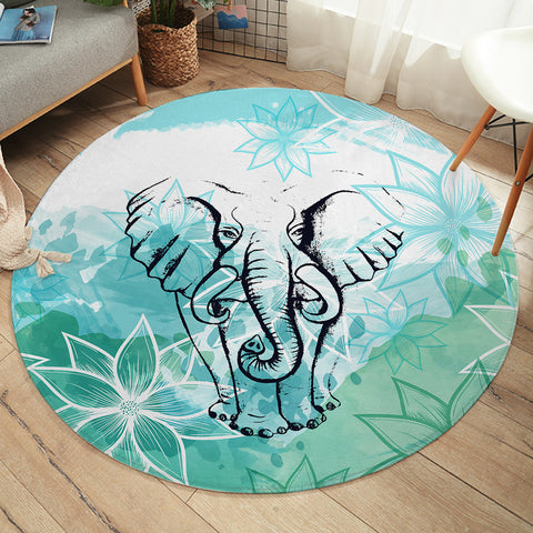 Image of Elephant Sketch Lotus Mint Theme SW4227 Round Rug