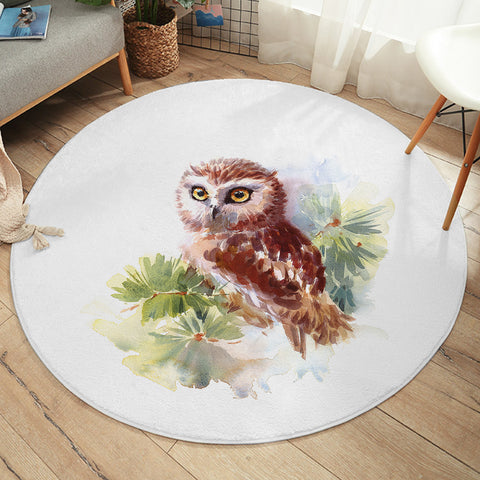 Image of Owl On Tree Watercolor Painting SWYD4397 Round Rug