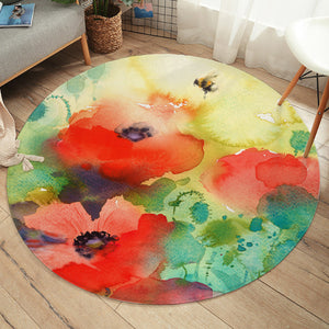 Red Flowers & Green Leaves Watercolor Painting SWYD4398  Round Rug