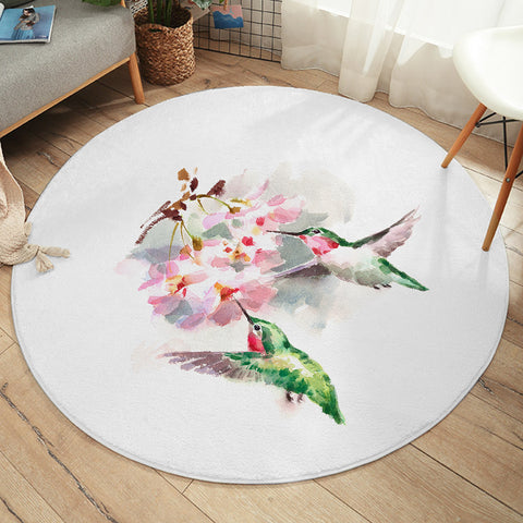Image of Green Sunbirds Sucking Flowers Watercolor Painting SWYD4408  Round Rug