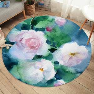 White Flowers & Green Leaves Watercolor Painting SWYD4409 Round Rug