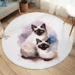 Two Thai Cats Blue & Purple Theme Watercolor Painting SWYD4410  Round Rug