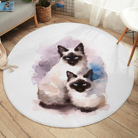 Image of Two Thai Cats Blue & Purple Theme Watercolor Painting SWYD4410  Round Rug