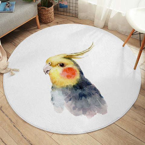 Image of Yellow & Black Parrot White Theme Watercolor Painting SWYD4417 Round Rug