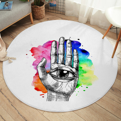 Image of Eye In Hand Sketch Colorful Galaxy Background SWYD4420 Round Rug