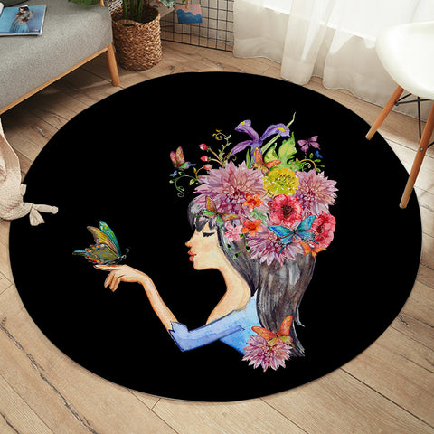 Image of Butterfly Standing On Hand Of Floral Hair Lady SWYD4424 Round Rug