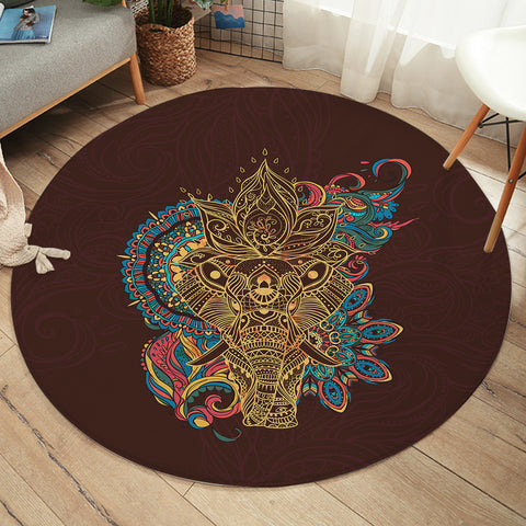Image of Golden Elephant Buddha Mandala Brown Theme SWYD4425 Round Rug