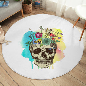 Colorful Flowers On Skull Watercolor Background SWYD4430 Round Rug