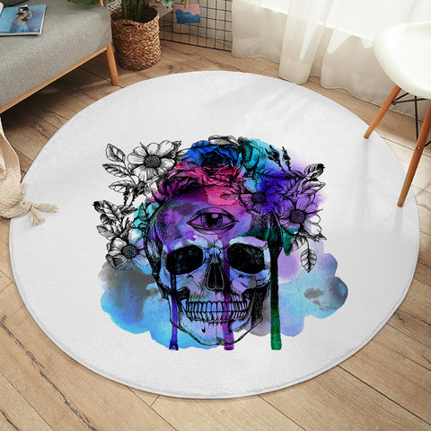 Image of Floral Skull Black Sketch Blue & Pink Watercolor SWYD4433 Round Rug