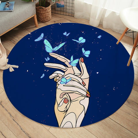 Image of Holding Hands Butterflies Night Sky Stars Illustration SWYD4437 Round Rug
