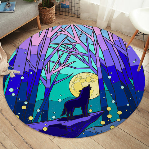 Image of Roaring Wolf In Jungle Night Illustration SWYD4438 Round Rug