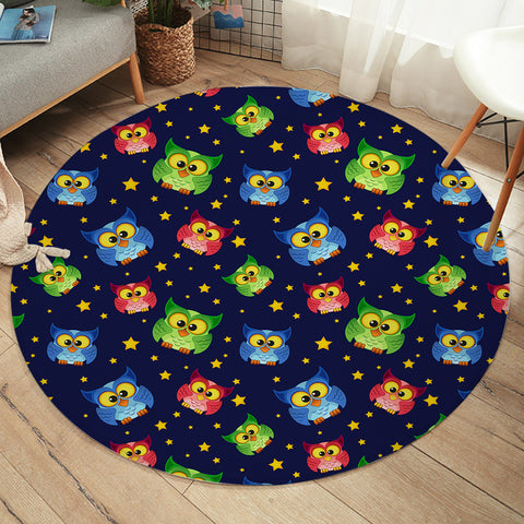 Image of Multi Cute Colorful Owls Night Sky Illustration SWYD4448 Round Rug