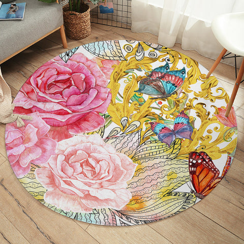 Image of Golden Royal Flowers & Butterflies SWYD4592 Round Rug