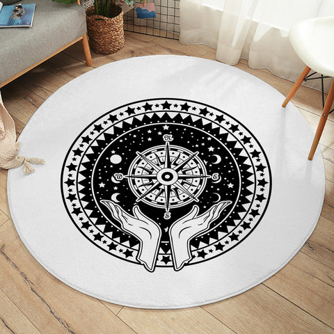 Image of B&W Raising Hands Sign Compass SWYD4596 Round Rug