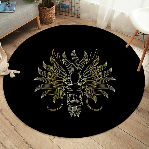 Image of Golden Asian Dragon Head Black Theme SWYD4598 Round Rug