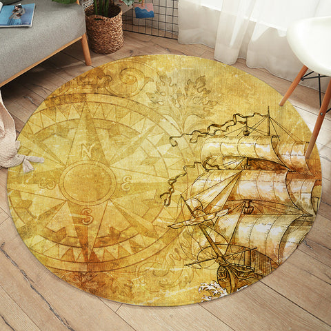 Image of Vintage Big Compass & Pirate Boat  SWYD4643 Round Rug