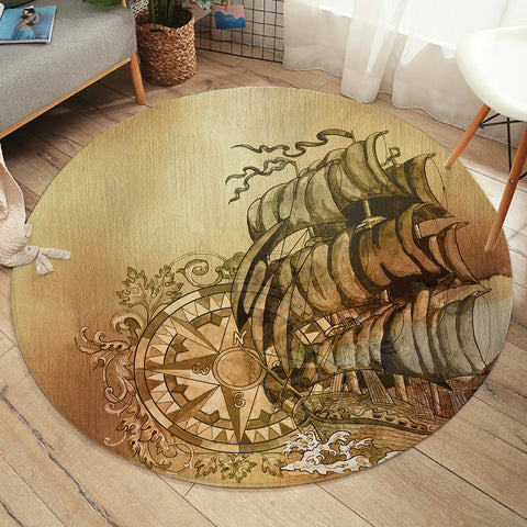 Image of Vintage Black Print Compass & Pirate Boat  SWYD4644 Round Rug