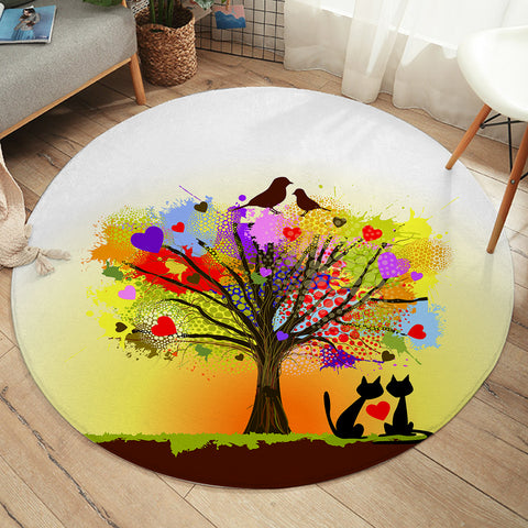 Image of Birds & Cats Couple Colorful Tree Theme SWYD4727 Round Rug