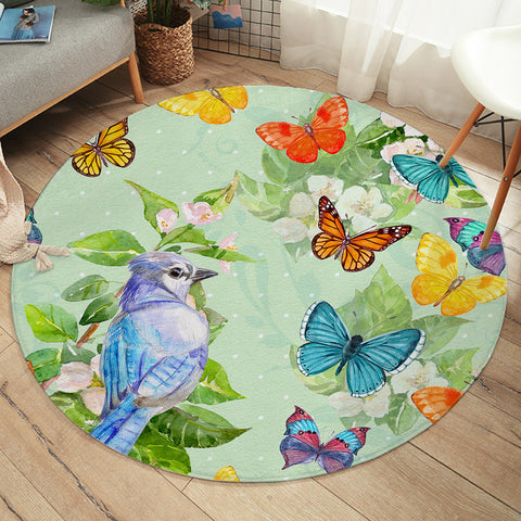Image of Watercolor Big Blue Sunbird & Colorful Butterflies SWYD4739 Round Rug