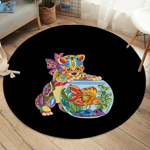 Image of Colorful Geometric Cat & Fishbowl  SWYD4743 Round Rug