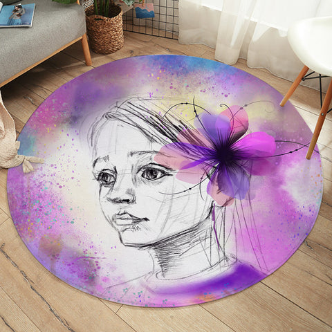 Image of Purple Floral On Lady's Ear Sketch SWYD4752 Round Rug