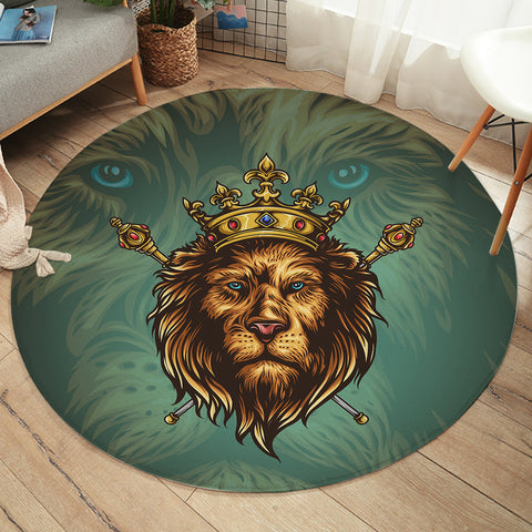 Image of Golden King Crown Lion Green Theme SW5172 Round Rug