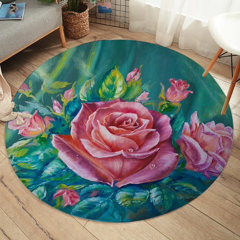 Image of Watercolor Pink Roses Green Theme SWYD5250 Round Rug