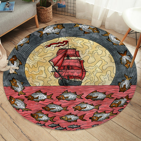 Image of Multi Fishes & Pirate Ship Dark Theme Color Pencil Sketch SWYD5345 Round Rug