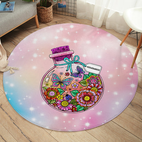 Image of Floral Butterflies Bottle Illustration Pastel Theme SWYD5350 Round Rug