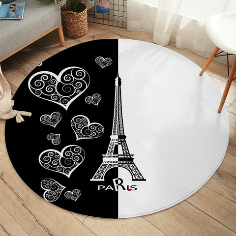 Image of B&W Multi Heart & Eiffel Tower In Paris  SWYD5352 Round Rug