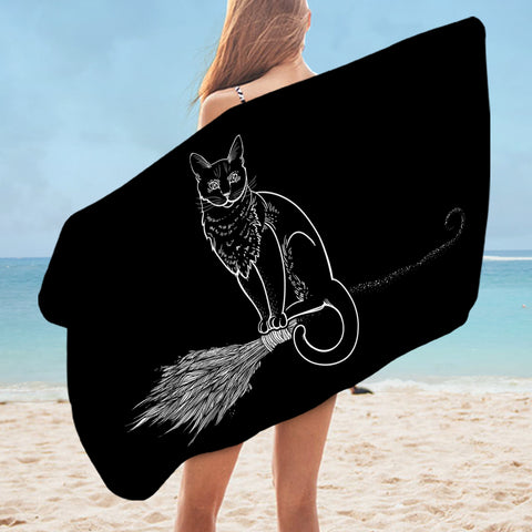 Image of Cat on Flying Broom SWYJ3386 Bath Towel