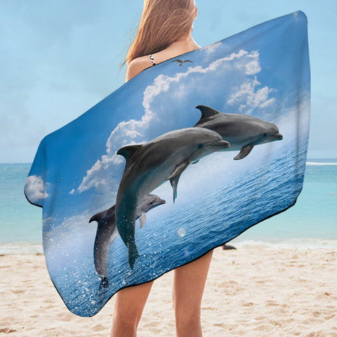 Image of Dolphins Jumping Over Ocean  SWYJ3614 Bath Towel