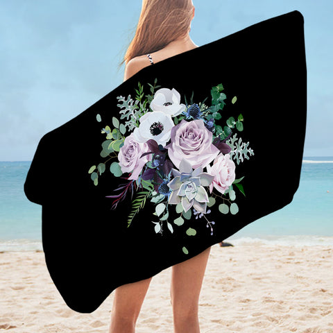Image of Purple Flowers On Black SWYJ3700 Bath Towel