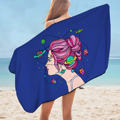Image of Space Mind Girl Pink Hair Illustration SWYJ3939 Bath Towel