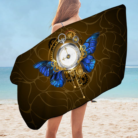 Image of Vintage Golden Clock Blue Butterfly SWYJ4122 Bath Towel