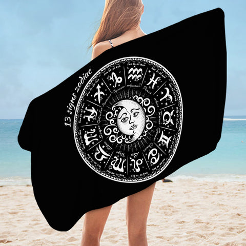 Image of Vintage B&W Sun Moon Round Zodiac SWYJ4125 Bath Towel