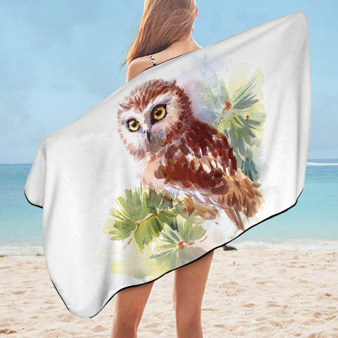 Image of Owl On Tree Watercolor Painting SWYJ4397 Bath Towel
