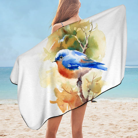 Image of Blue Sparrow White Theme Watercolor Painting SWYJ4401 Bath Towel