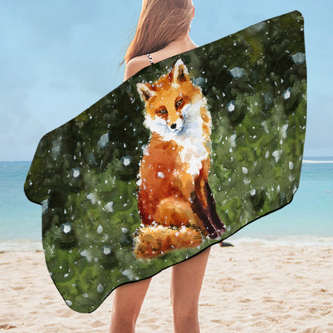 Image of Female Fox In Snow Watercolor Painting SWYJ4402 Bath Towel