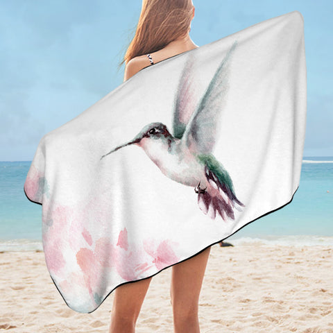 Image of Flying Green Sunbird Watercolor Painting SWYJ4415 Bath Towel