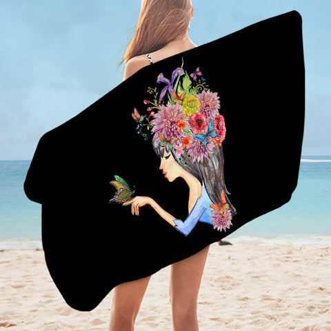 Image of Butterfly Standing On Hand Of Floral Hair Lady SWYJ4424 Bath Towel