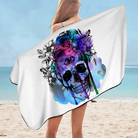 Image of Floral Skull Black Sketch Blue & Pink Watercolor SWYJ4433  Bath Towel