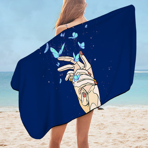 Image of Holding Hands Butterflies Night Sky Stars Illustration SWYJ4437  Bath Towel