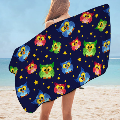 Image of Multi Cute Colorful Owls Night Sky Illustration SWYJ4448 Bath Towel