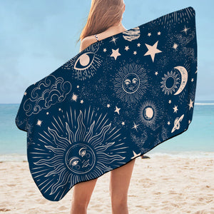 Retro Cream Sun Moon Star Sketch Galaxy Navy Theme SWYJ4520 Bath Towel