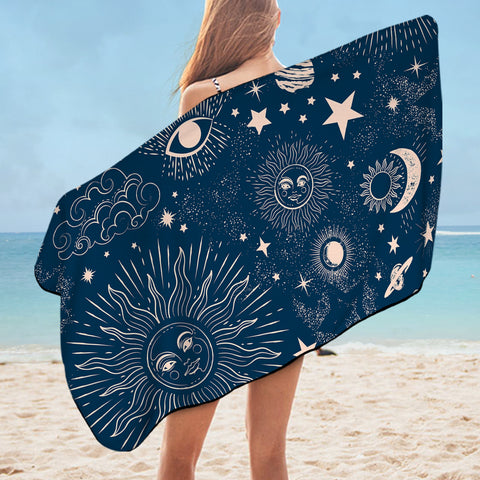 Image of Retro Cream Sun Moon Star Sketch Galaxy Navy Theme SWYJ4520 Bath Towel