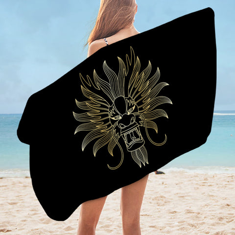 Image of Golden Asian Dragon Head Black Theme SWYJ4598 Bath Towel