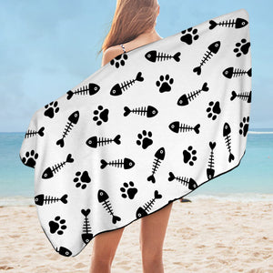 B&W Cute Fish Bone & Dog Footprint Monogram SWYJ4605 Bath Towel