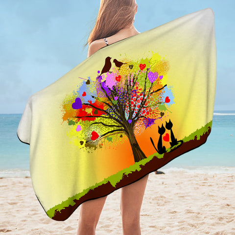 Image of Birds & Cats Couple Colorful Tree Theme SWYJ4727 Bath Towel